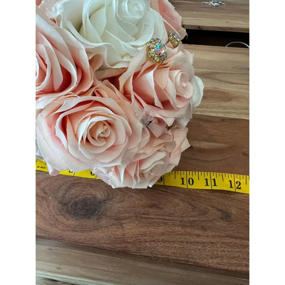 bridal wedding brooch floral bouquet pink peach ivory embellished rhinestones 9